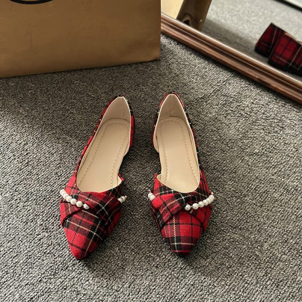 85d2e6ce-7844-4d01-be43-5842e023e930.jpg New Vintage Scoop Pointed Beaded Knot Plaid Low Heel Shoes