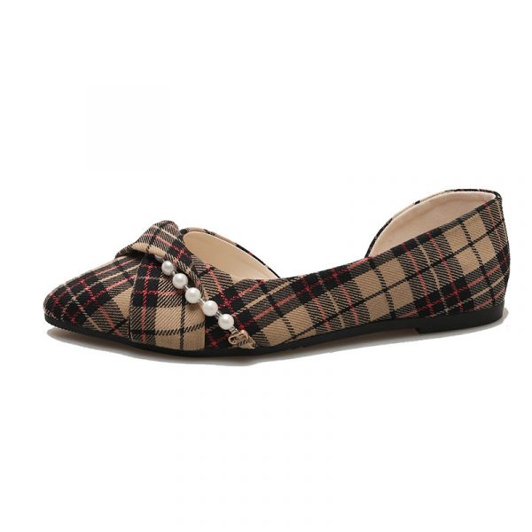 aaa4be00-4a57-41cd-9cb1-20b4113fd4fa.jpg New Vintage Scoop Pointed Beaded Knot Plaid Low Heel Shoes