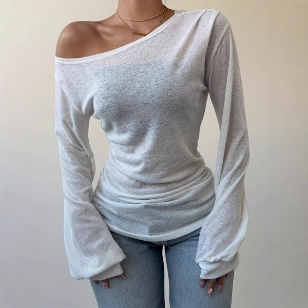 Solid-color Slash-neck Long-sleeve T-shirt