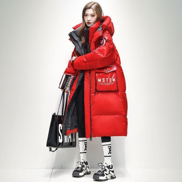 Womens Winter Loose Western-Style Over-the-Knee Long Thermal Patchwork Down Jacket
