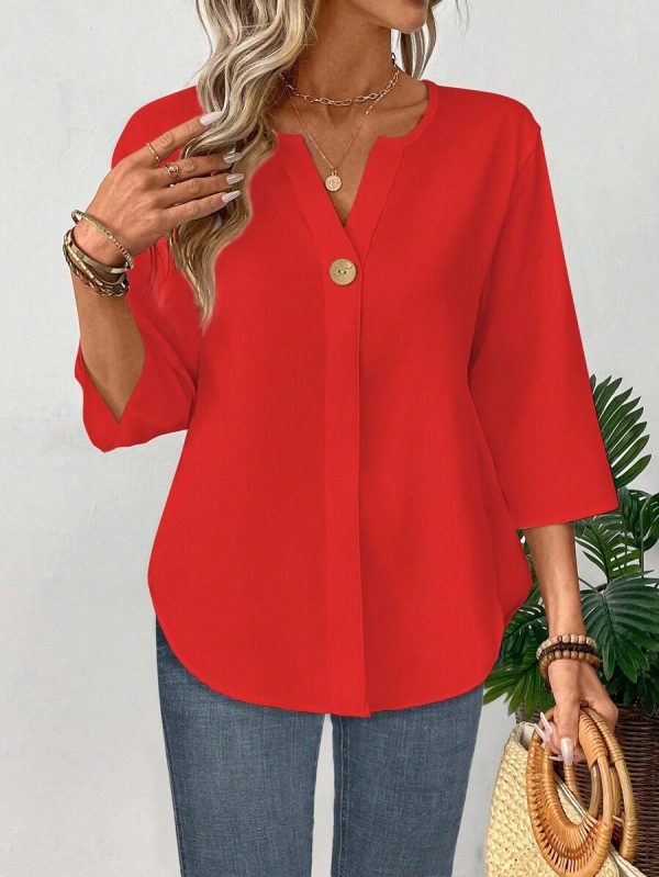 Loose-fitting Solid-color Casual Shirt With A Small V-neck And Buttons