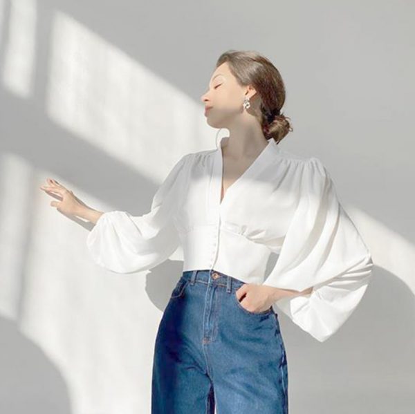 V-neck Top French-style Long-sleeve Work Shirt