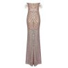 Feather Beaded Sequined Cutout Mesh Strapless Dress