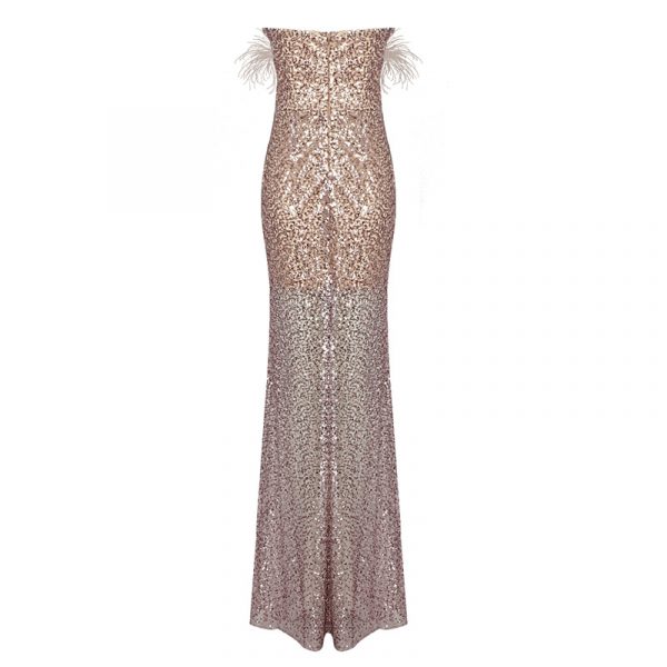 Feather Beaded Sequined Cutout Mesh Strapless Dress