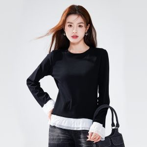 Women's Pure Cotton Ruffle-Trimmed Long-Sleeve Base Shirt