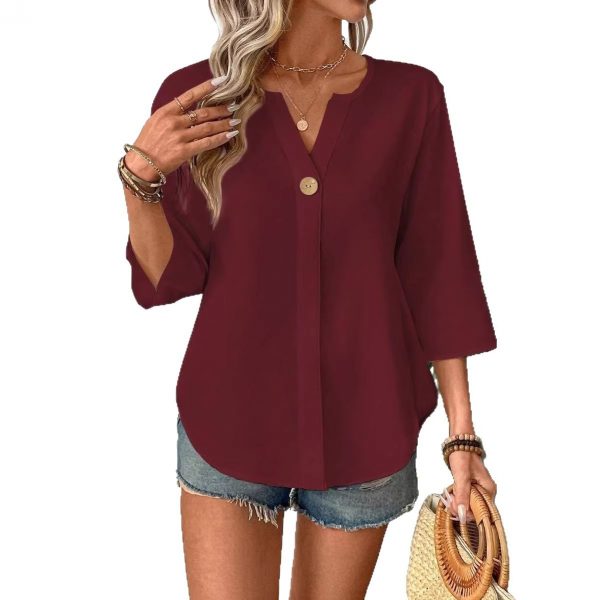 Loose-fitting Solid-color Casual Shirt With A Small V-neck And Buttons