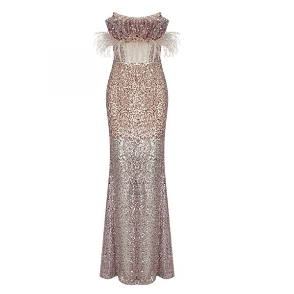Feather Beaded Sequined Cutout Mesh Strapless Dress
