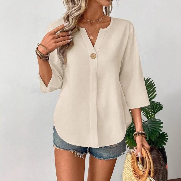 Loose-fitting Solid-color Casual Shirt With A Small V-neck And Buttons
