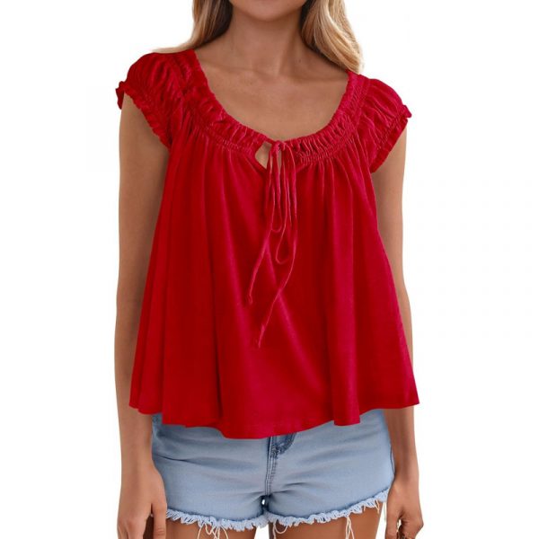 Lace-up Ruffle-Trimmed Shirt Summer New Style Fashionable Pleated Top