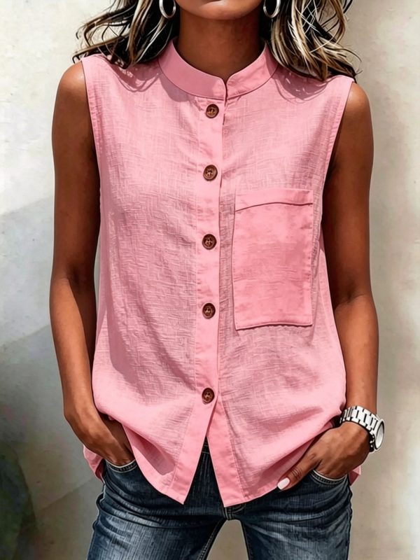 Fashionable Casual Solid-color Top With Buttoned Pockets