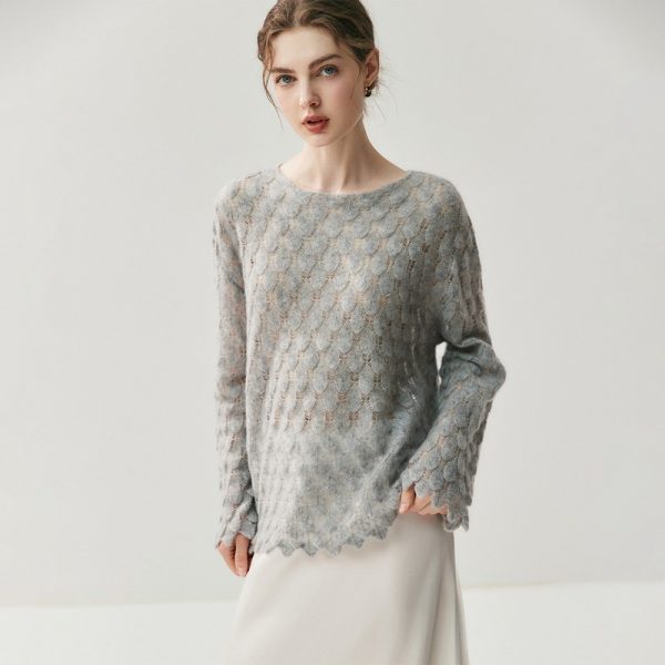 Cashmere Knit Sweater Womens Top With Hollow-out Feather Design