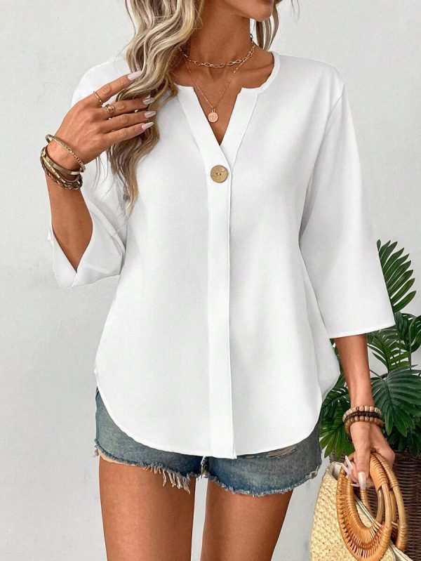 Loose-fitting Solid-color Casual Shirt With A Small V-neck And Buttons