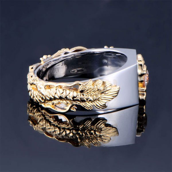 New Men's Domineering Dragon Pattern Two-color Zircon Rhinestone Ring Fashion Punk Hip Hop