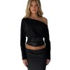 Womens Solid-Color Off-Shoulder Batwing Sleeve Lace-Patchwork Top