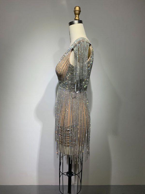 New Low Cut Tassel Hollow-out Tight Niche Diamond Sheath High Quality Dress