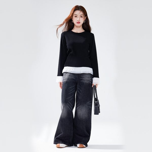 Women's Pure Cotton Ruffle-Trimmed Long-Sleeve Base Shirt