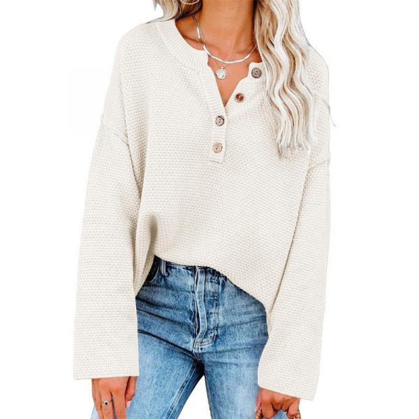 Solid Color Pullover V-Neck Knitted Sweater Womens