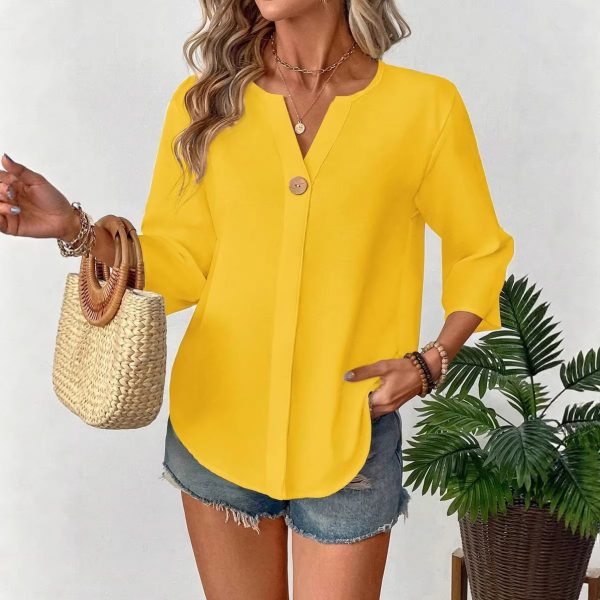 Loose-fitting Solid-color Casual Shirt With A Small V-neck And Buttons