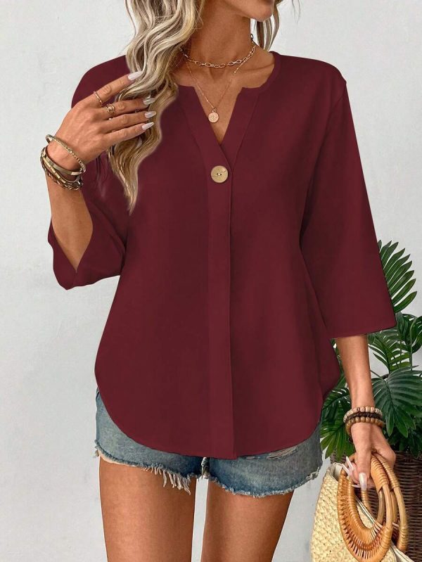 Loose-fitting Solid-color Casual Shirt With A Small V-neck And Buttons
