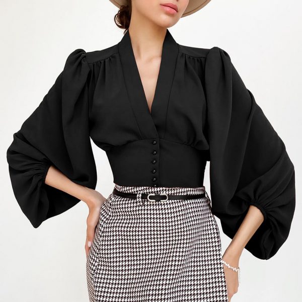V-neck Top French-style Long-sleeve Work Shirt
