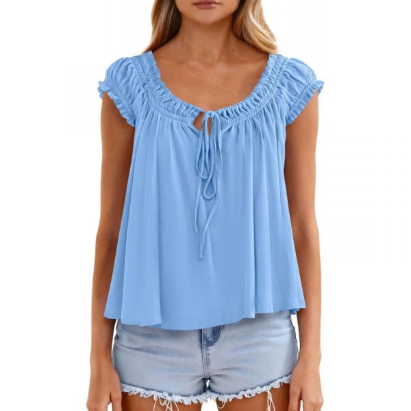 Lace-up Ruffle-Trimmed Shirt Summer New Style Fashionable Pleated Top