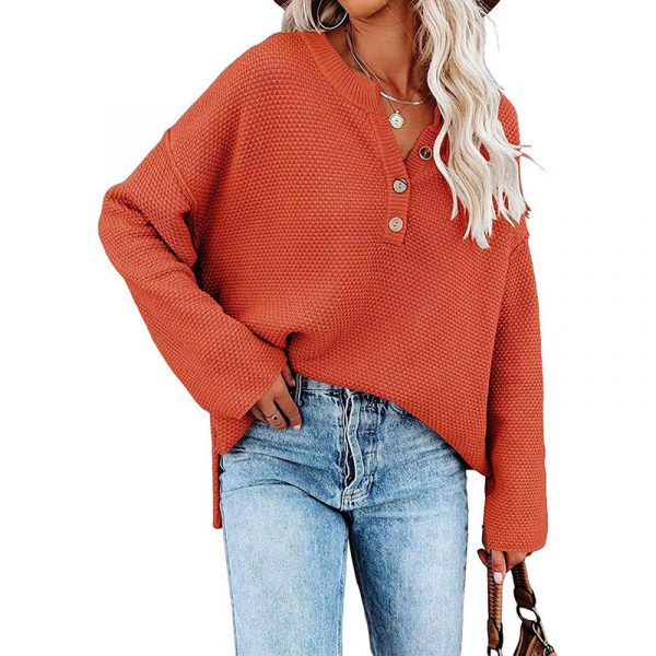 Solid Color Pullover V-Neck Knitted Sweater Womens