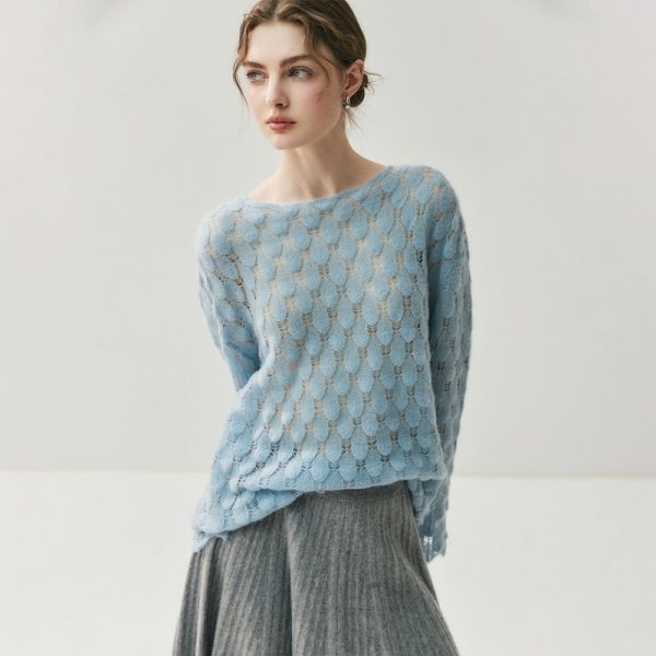 Cashmere Knit Sweater Womens Top With Hollow-out Feather Design