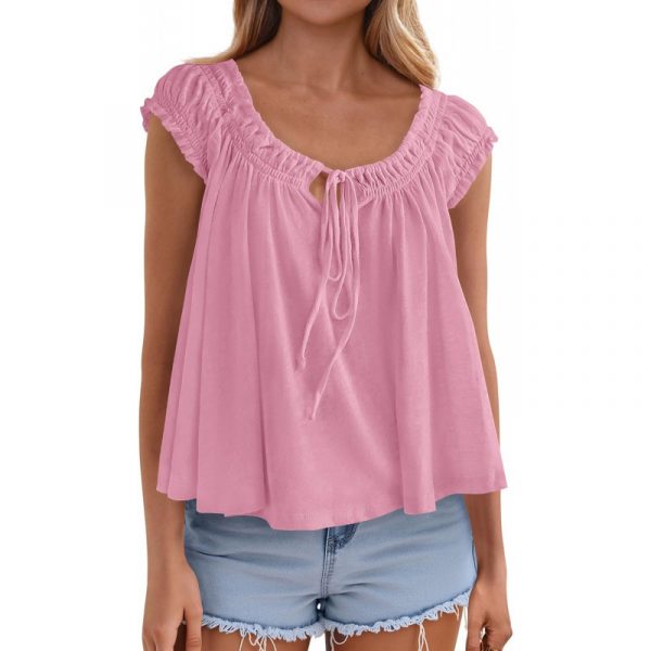 Lace-up Ruffle-Trimmed Shirt Summer New Style Fashionable Pleated Top