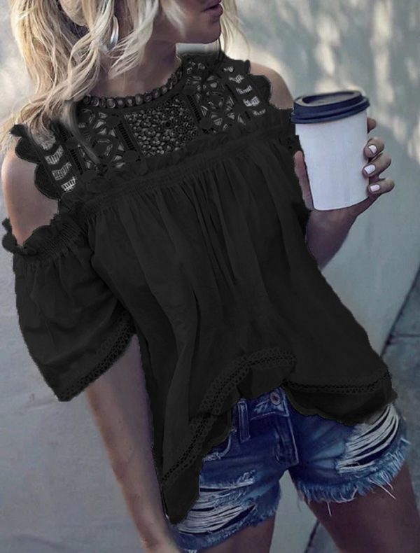 Off-shoulder Hollow-out Three-quarter Sleeve Shirt
