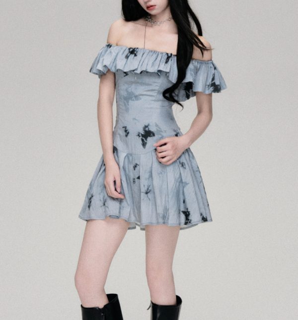 French Retro Gentle Off-shoulder Butterfly Print Dress