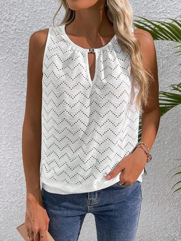 Casual Sleeveless Top With Keyhole Neckline Hollow-Out T-Shirt