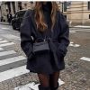 Womens Wool Coat With Belt Mock Neck And Solid Color