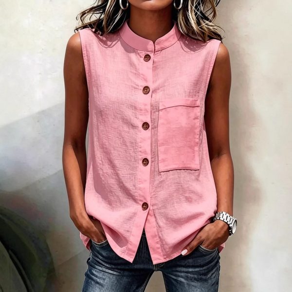 Fashionable Casual Solid-color Top With Buttoned Pockets
