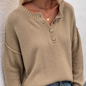 Solid Color Pullover V-Neck Knitted Sweater Womens