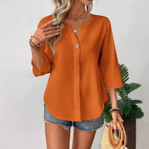Loose-fitting Solid-color Casual Shirt With A Small V-neck And Buttons
