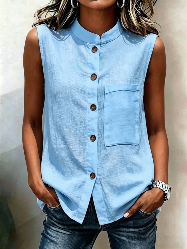 Fashionable Casual Solid-color Top With Buttoned Pockets