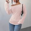 Solid-color Slash-neck Long-sleeve T-shirt