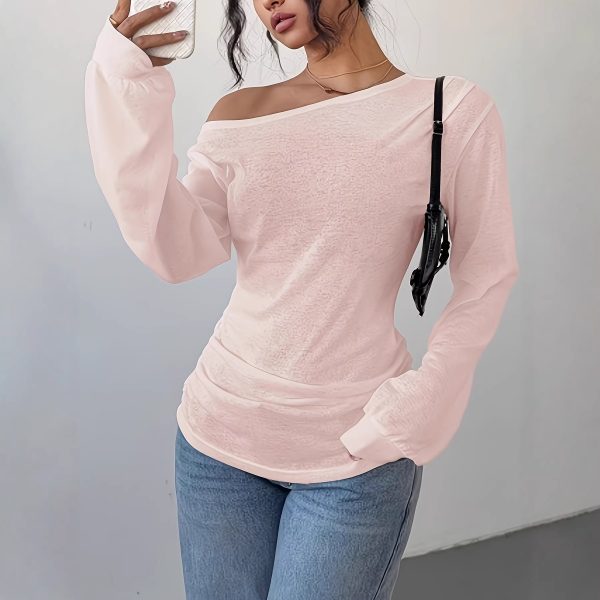 Solid-color Slash-neck Long-sleeve T-shirt