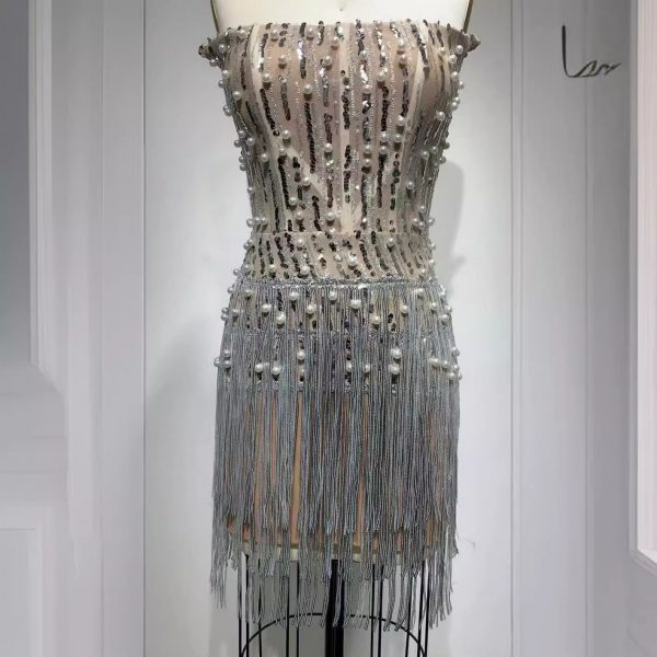 Solid-color Pearl- And Diamond-encrusted Tube Mini Dress With A Bandage-style Design