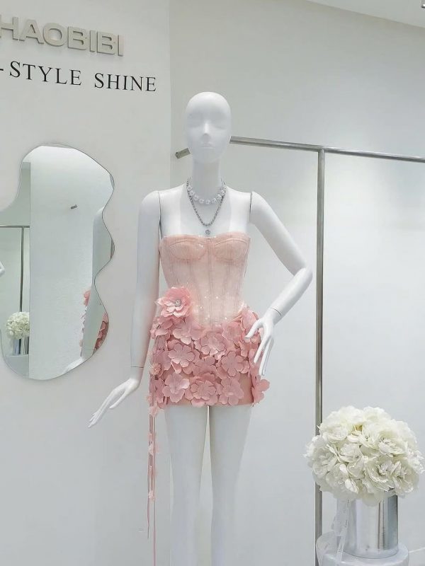 Womens Strapless Sequin Flower Dress