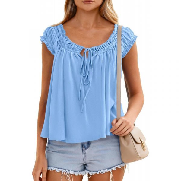 Lace-up Ruffle-Trimmed Shirt Summer New Style Fashionable Pleated Top