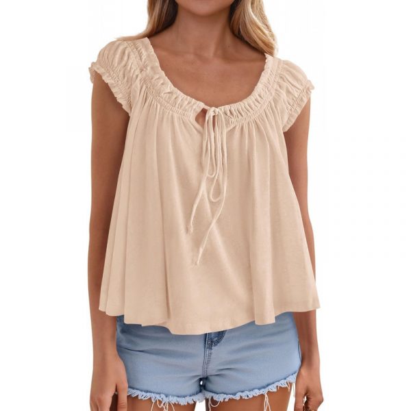 Lace-up Ruffle-Trimmed Shirt Summer New Style Fashionable Pleated Top