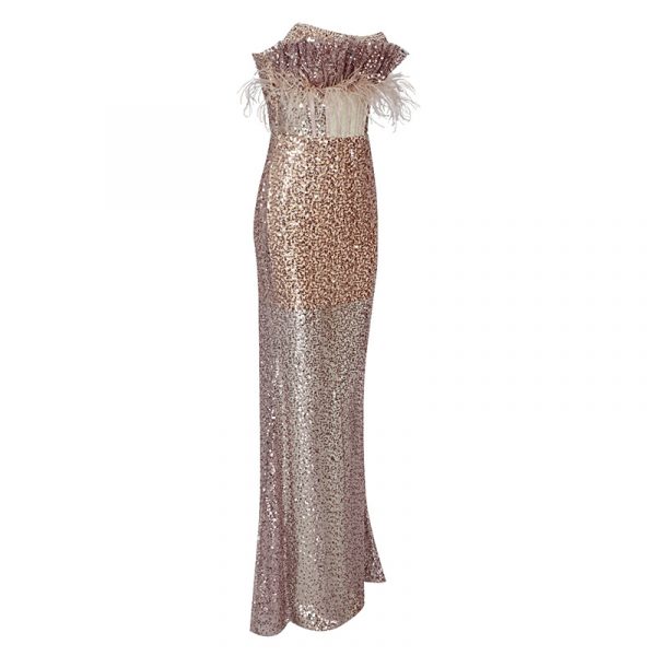 Feather Beaded Sequined Cutout Mesh Strapless Dress