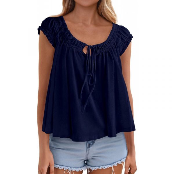Lace-up Ruffle-Trimmed Shirt Summer New Style Fashionable Pleated Top
