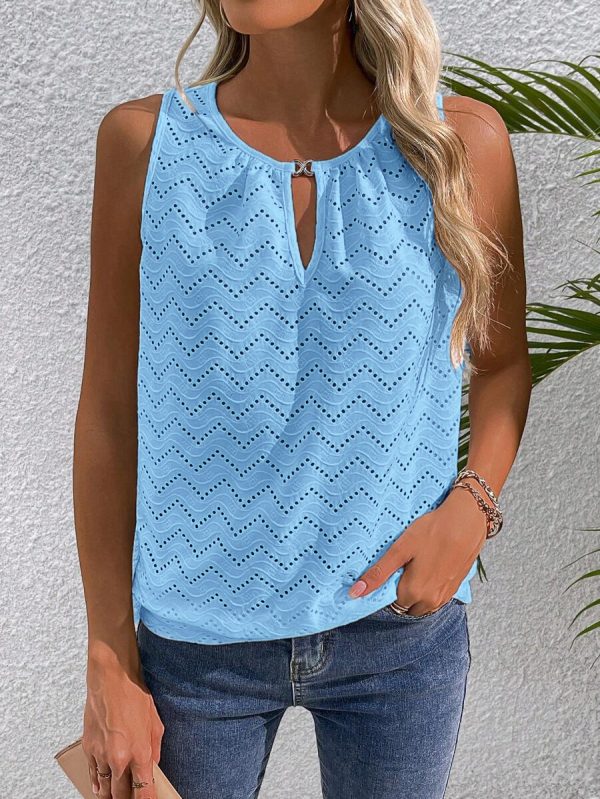 Casual Sleeveless Top With Keyhole Neckline Hollow-Out T-Shirt