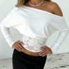 Womens Solid-Color Off-Shoulder Batwing Sleeve Lace-Patchwork Top