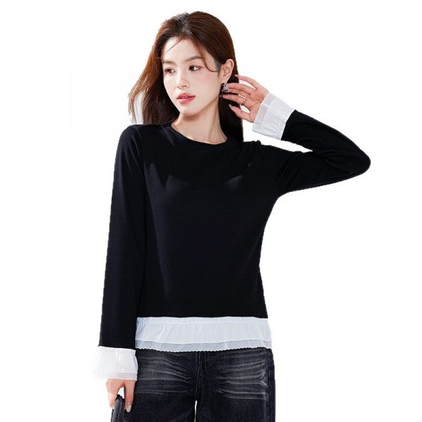 Women's Pure Cotton Ruffle-Trimmed Long-Sleeve Base Shirt