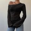 Solid-color Slash-neck Long-sleeve T-shirt