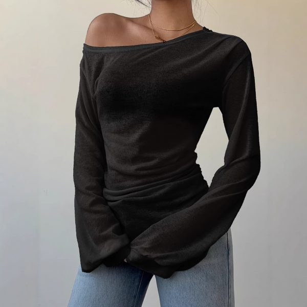 Solid-color Slash-neck Long-sleeve T-shirt