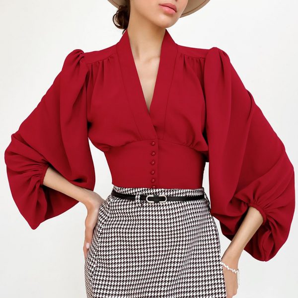 V-neck Top French-style Long-sleeve Work Shirt